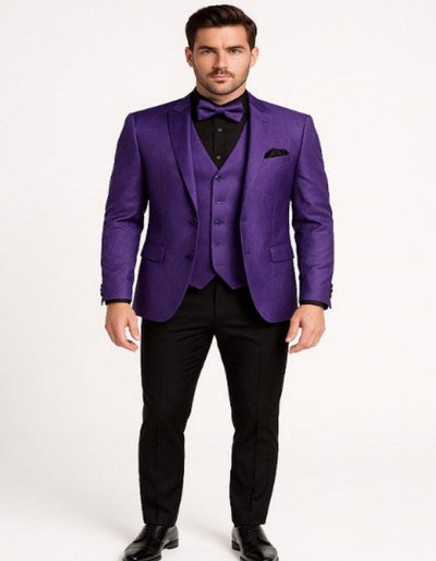 Mens Purple Paisley Tuxedo ƒ?? 3 Piece Suit with Bow Tie and Black Pants | Wedding & Prom Outfit - Slim Fitted