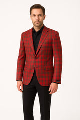 Mens Red Plaid Modern Fit Windowpane Check Blazer - Christmas Holiday Sport Coat Tartan Look