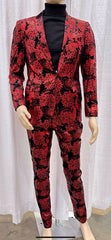 Mens Red and Black Floral Brocade Tuxedo Suit ƒ?? Two Piece Slim Fit Set