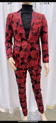 Mens Red and Black Floral Tuxedo Suit ƒ?? Slim Fit 2 Piece Embroidered Outfit for Weddings, Prom, and Formal Events