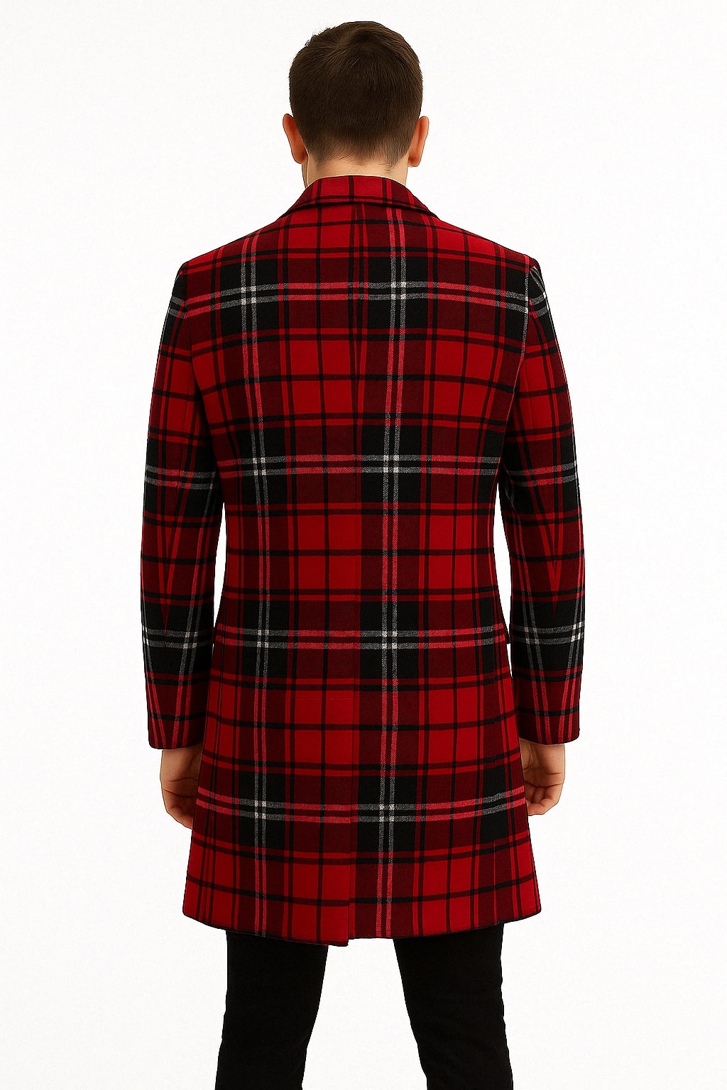 Mens Red and Black Plaid Wool Overcoat with Notch Lapel 2   - from alligatorwarehouse.com