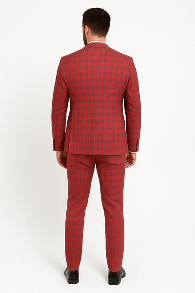 Mens Red and Grey Plaid 3-Piece Suit with Vest - Modern Fit Peak Lapel By Dominique Wilson