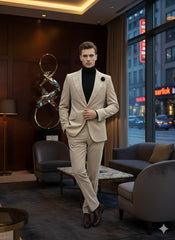 Mens Sand Beige Velvet Tuxedo Suit – 2 Piece Slim Fit Blazer and Pants Formal Set - Winter Fabric Natural Color