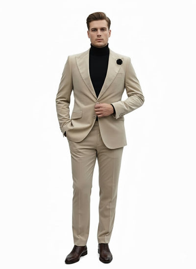 Mens Sand Beige Velvet Tuxedo Suit – 2 Piece Slim Fit Blazer and Pants Formal Set - Winter Fabric Natural Color