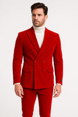 Mens Slim Fit Red Velvet Double Breasted Suit with Peak Lapel Formal Tuxedo Style Ultra Slim Fit