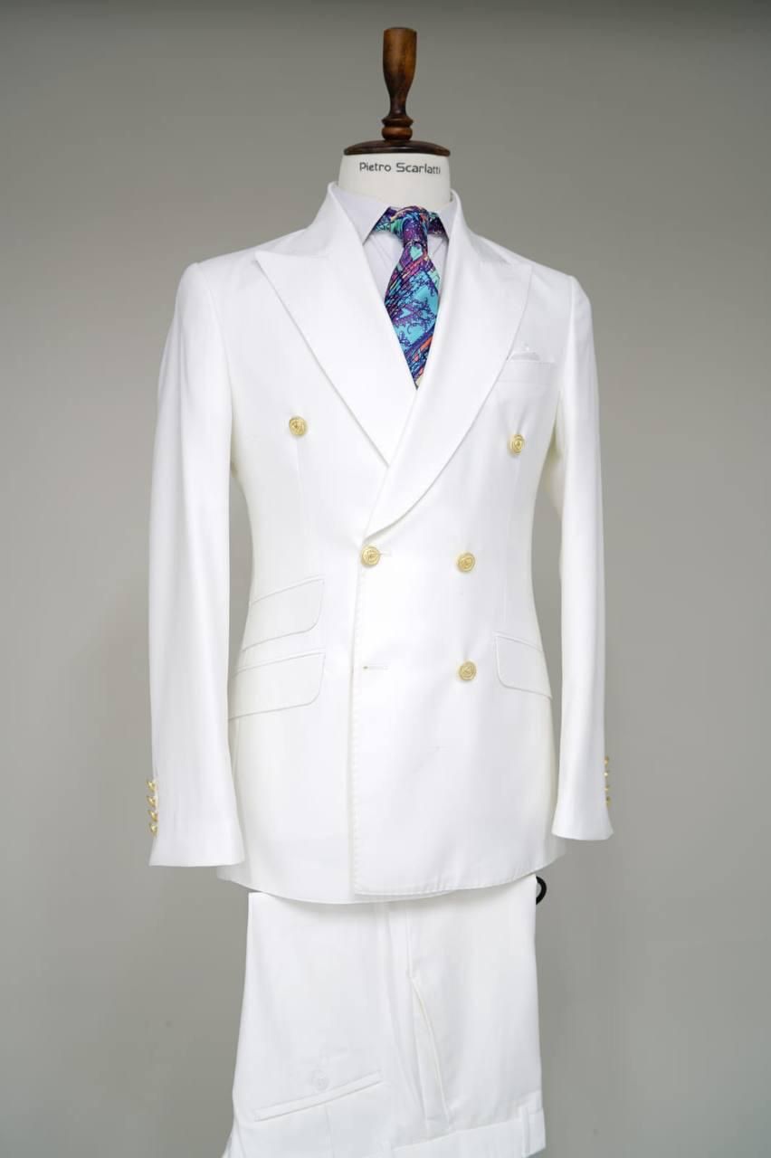 Mens White Double-Breasted Suit with Gold Buttons ƒ?? Formal Slim Fit 2-Piece Set