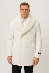 Mens White Peacoat Double-Breasted Overcoat with Faux Fur Shawl Collar – Alberto Nardoni Collection Wool Fabric