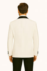 Mens White Swirl Embroidered Tuxedo Jacket with Black Satin Shawl Lapel and Matching Bow Tie