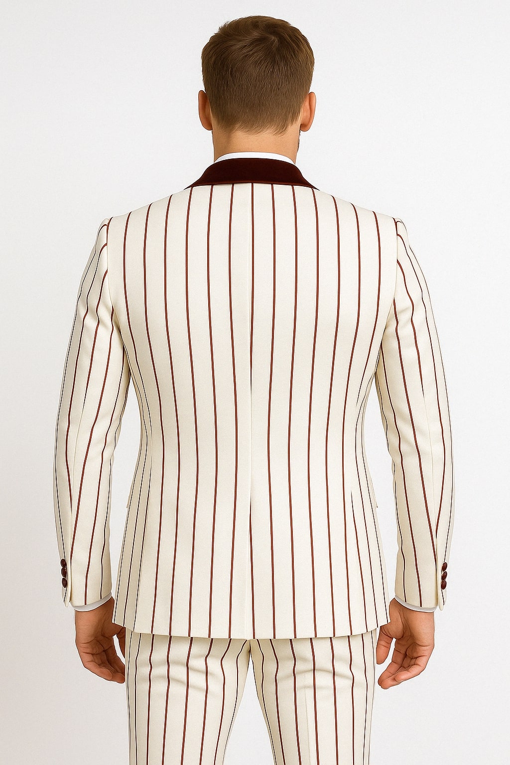 Mens White and Burgundy Pinstripe Tuxedo with Velvet Shawl Lapel and Matching Bow Tie 2   - from alligatorwarehouse.com