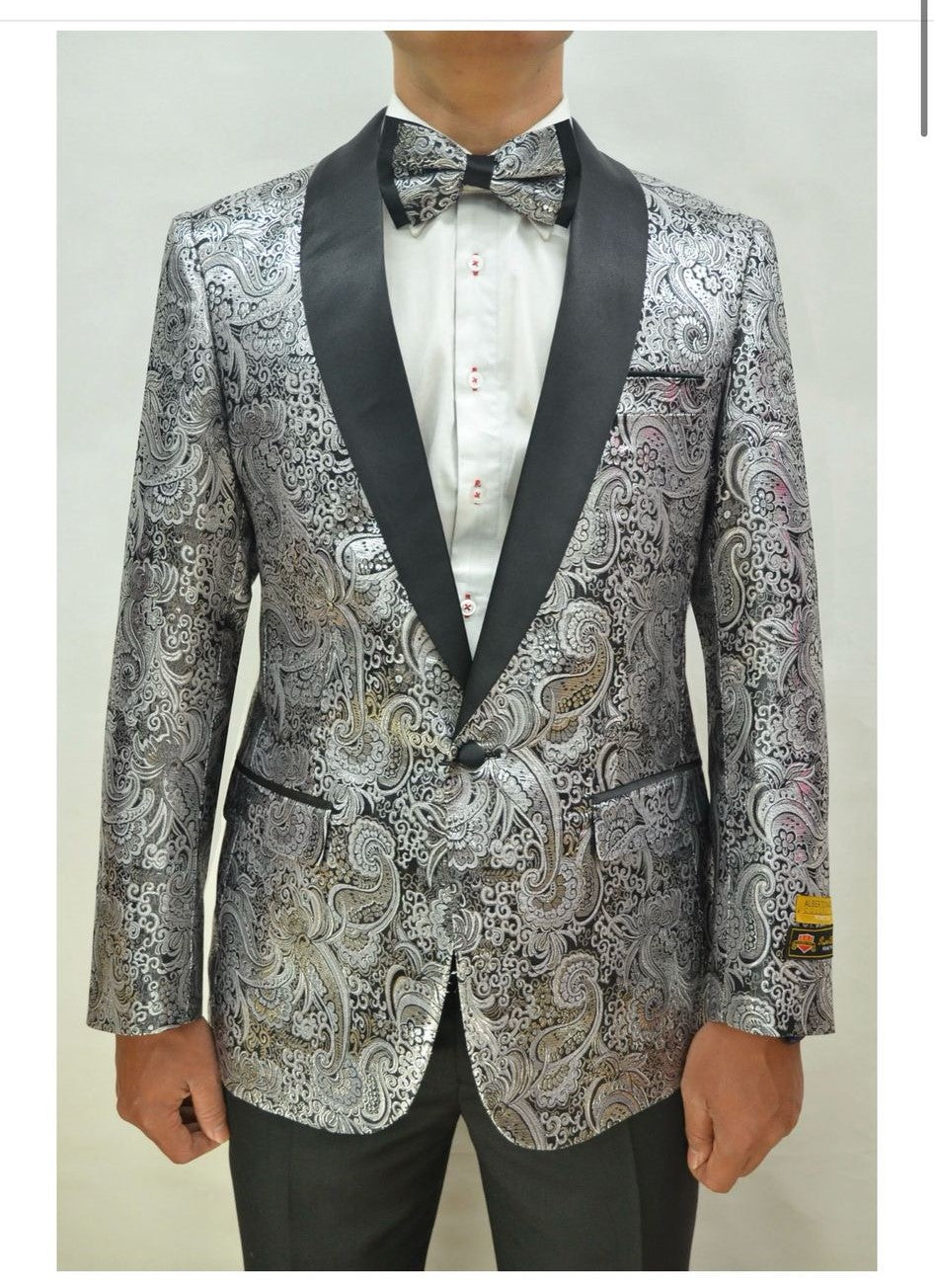 Silver and Black Tuxedo Blazer with Matching Bow Tie - Paisley Sport Coat For Prom or Wedding 3   - from alligatorwarehouse.com