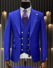 Mens One Button Peak Lapel Vested Wool Suit with Gold buttons in Royal Blue
