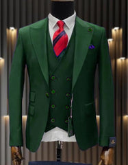 Mens One Button Peak Lapel Double Breasted Vest Wool Suit in Hunter Green