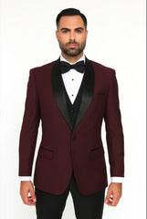 Mens 1 Button Shawl Lapel Wool Dinner Classic Jacket Burgundy