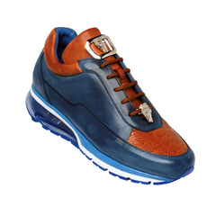 Mens Belvedere Flash Calfskin & Crocodile Sneaker in Blue & Cognac