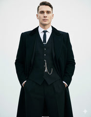 Mens Costume Thomas Shelby Black Vested Suit & Black Overcoat