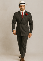 Mens Double Breasted Gangster Pinstripe Six Button Suit in Charcoal and Olive