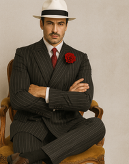 Mens Double Breasted Gangster Pinstripe Six Button Suit in Charcoal