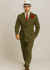 Mens Double Breasted Gangster Pinstripe Six Button Suit in Olive