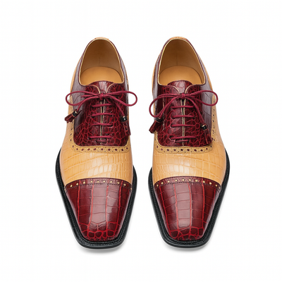 Mens Ferrini Alligator Cap Toe Dress Shoe in Burgundy & Tan