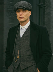 Mens Peaky Blinders Costume Thomas Shelby Grey 3 Piece Suit with Black Overcoat & Hat