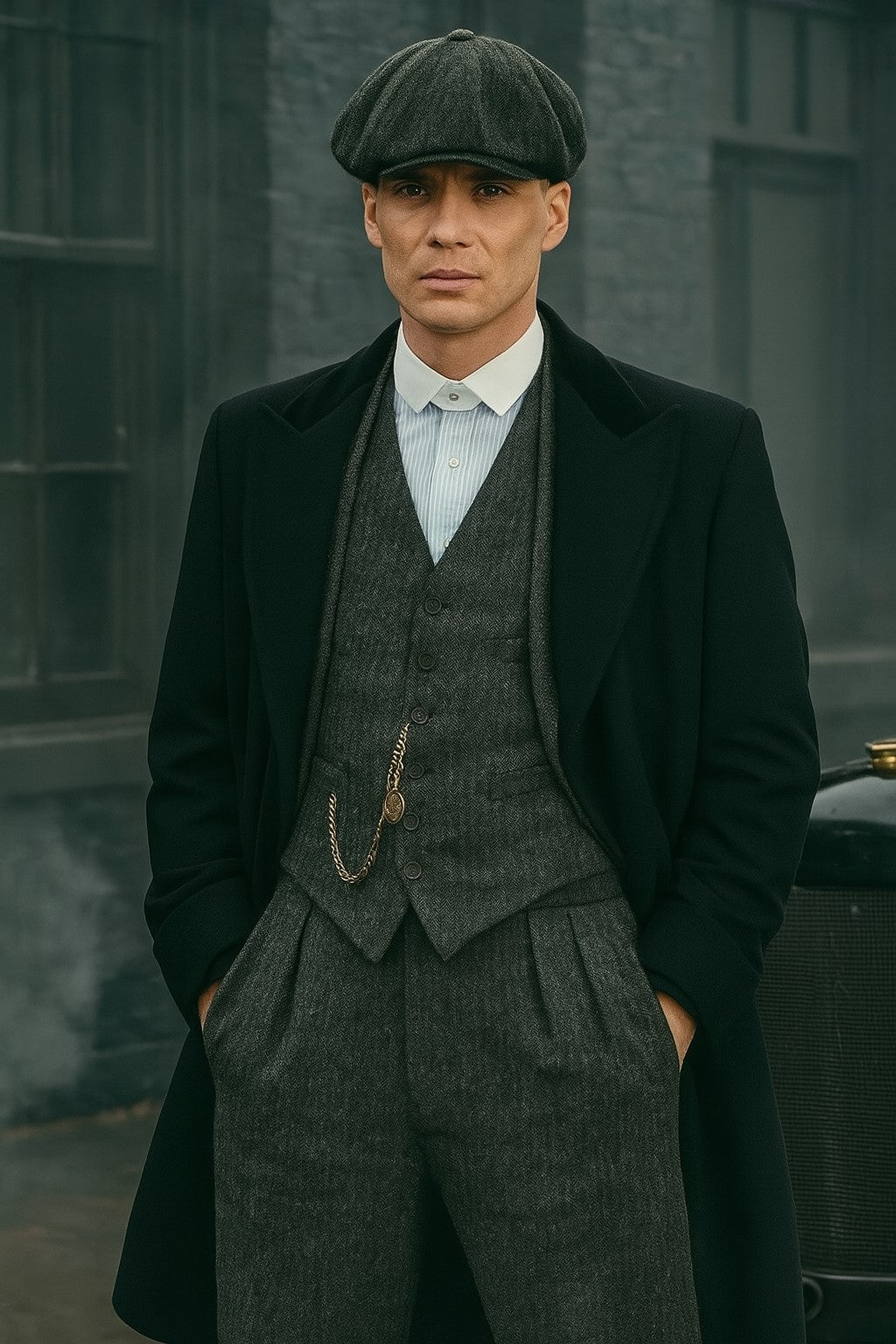 Mens Peaky Blinders Costume Thomas Shelby Grey 3 Piece Suit with Black Overcoat & Hat 13   - from alligatorwarehouse.com