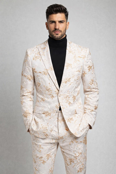 Mens White and Gold Embroidered Floral Prom Tuxedo Suit