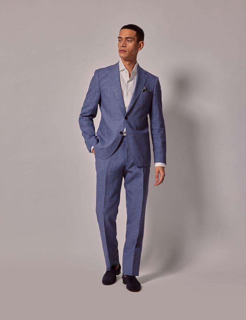 Mens Linen Suit For Beach Wedding - Summer  Suit in Mid Blue Mens Linen Suit For Beach Wedding - Summer  Suit in Mid Blue