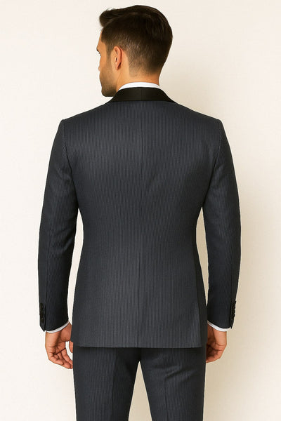 Mens Midnight Blue Stripe Tuxedo Jacket with Black Satin Shawl Lapel ƒ?? Shiny Formal Party Suit