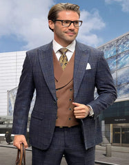 Men's Designer Wool Vested Midnight Blue Glen Plaid Suit