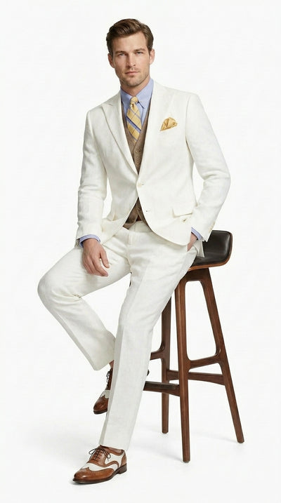 Men’s Ivory Great Gatsby Vested Suit with Brown Vest, Peak Lapel Vintage Wedding Suit