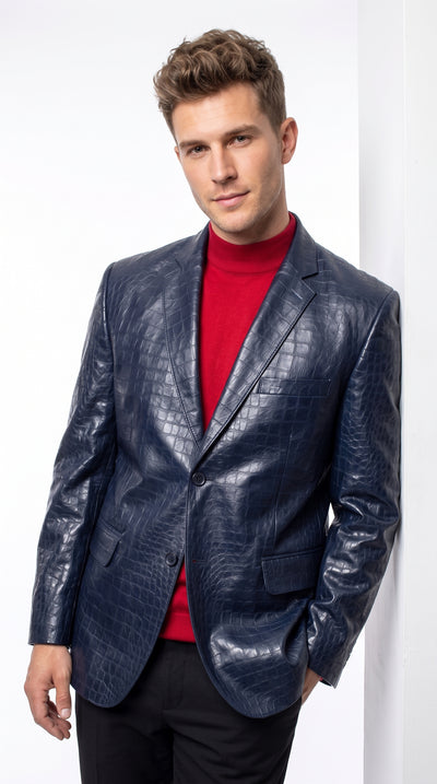 Zacchi Men’s Black Alligator Leatherette Jacket, Mickey Crocodile Print 2 Button Blazer