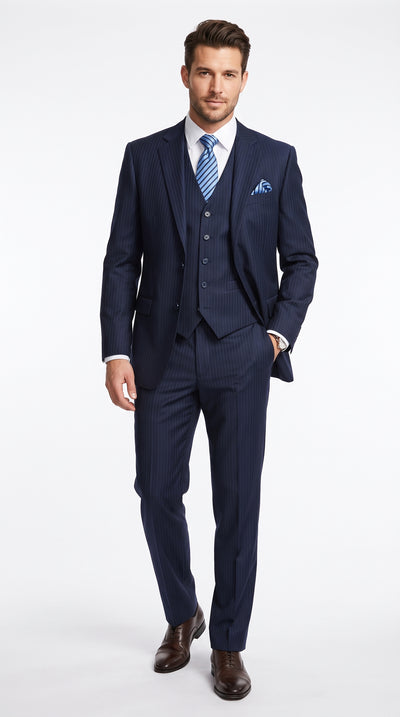 Men's Navy Blue Tone-on-Tone Pinstripe 3-Piece Vested Suit – Shadow Stripe Formal Business Wedding Suit