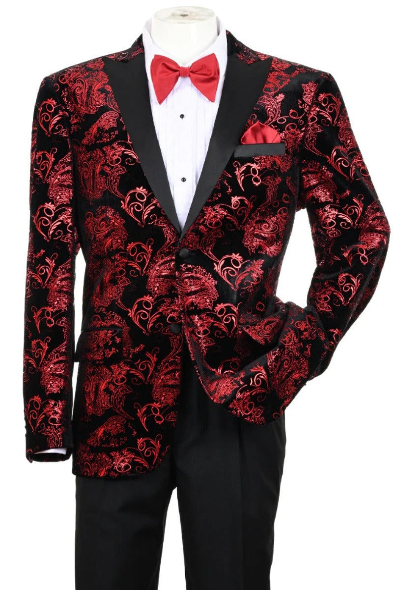 Men's Modern Fit Velvet Floral Paisely Foil Tuxedo Jacket In Red & Black