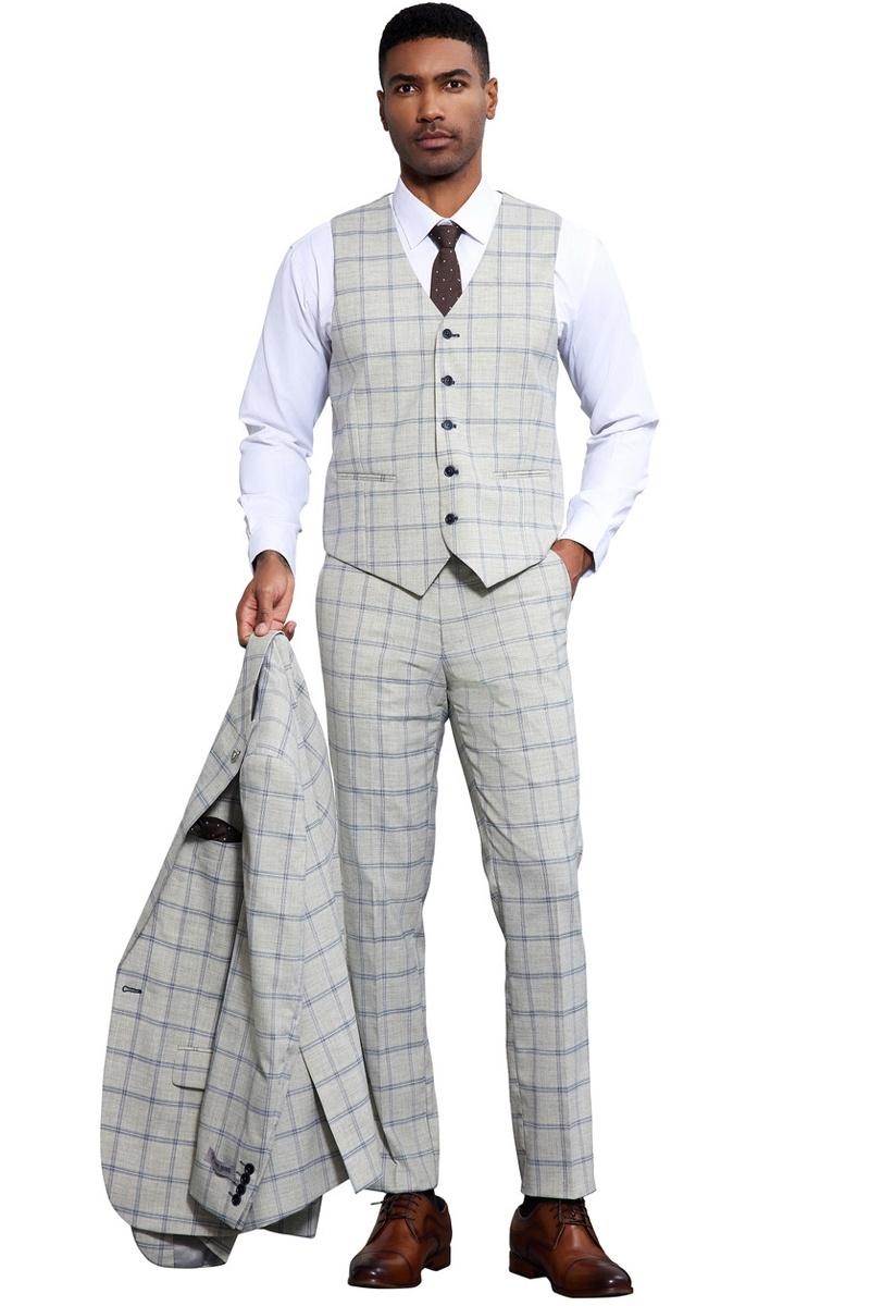 Men's Stacy Adams One Button Peak Lapel Vested Windowpane Plaid Suit in Grey & Blue
