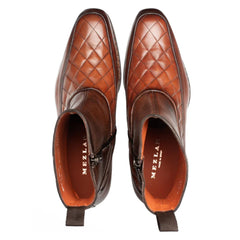 Musico Dark Cognac/Chocolate Calfskin with Contrast-Braided Sole Dress Zip Boots By Mezlan Made In Spain Brand