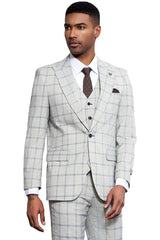 Men's Stacy Adams One Button Peak Lapel Vested Windowpane Plaid Suit in Grey & Blue
