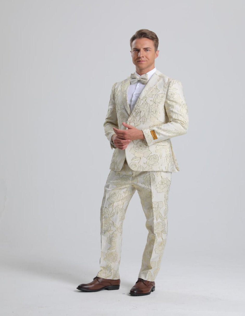 Men's Ivory & Gold Floral Paisley Prom Tuxedo 1 X3-0045  - from alligatorwarehouse.com