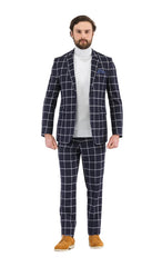 Harvy Mens Fit Navy Check Plaid Suit