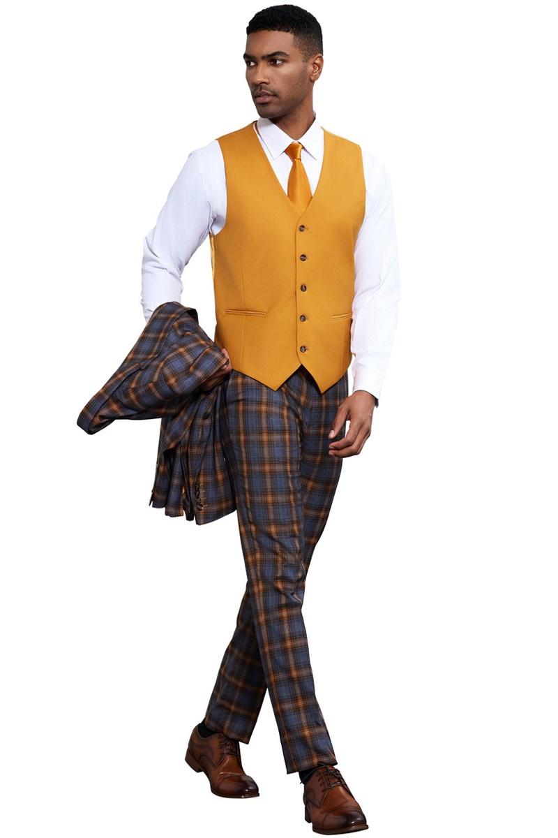 Men's Stacy Adams Bold Windowpane Plaid Print Vested Suit in Grey & Gold