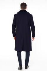Mens Navy Blue Overcoat with Faux Fur Collar – Luxury Long Winter Coat for Formal and Casual Wear Topcoat