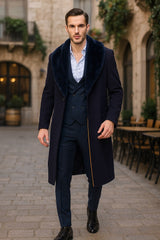Mens Navy Blue Overcoat with Faux Fur Collar – Luxury Long Winter Coat for Formal and Casual Wear Topcoat
