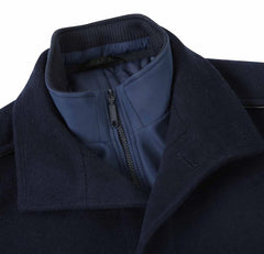 Navy Slim Fit Wool Blend Short Coat with Detachable Full Zipper