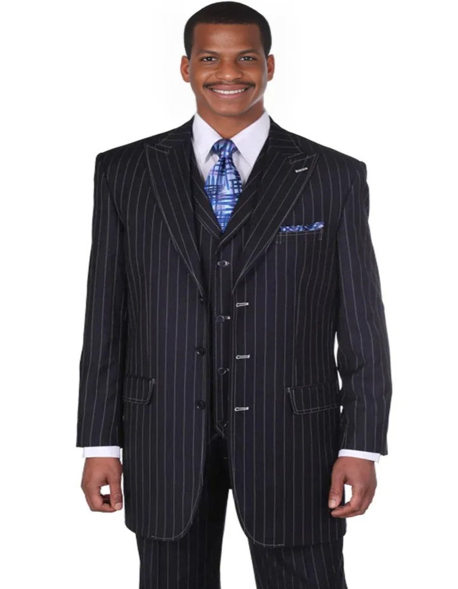 Pleated?ÿDress?ÿMen?ÿSuits - Mens Vintage Vested Gangster Bold Pinstripe Navy Blue Fashion Suit