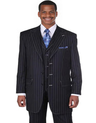 Pleated?ÿDress?ÿMen?ÿSuits - Mens Vintage Vested Gangster Bold Pinstripe Navy Blue Fashion Suit