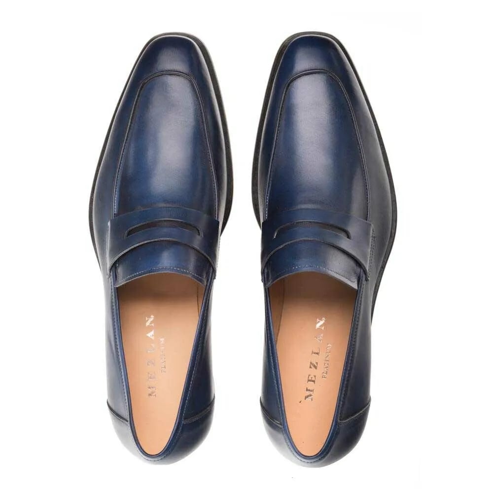 Mezlan Navy Burnished Calfskin Penny Loafer 3   - from alligatorwarehouse.com