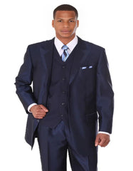 Pleated?ÿDress?ÿMen?ÿSuits - Mens 3 Button Vested Wide Peak Lapel Two Tone Navy Blue Sharkskin Suit