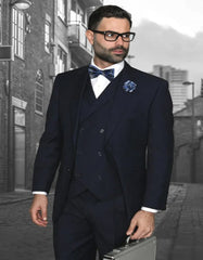 Pleated?ÿDress?ÿMen?ÿSuits - Men's Designer Classic Fit Pleated Pant Wool Double Breasted Navy Blue Suit