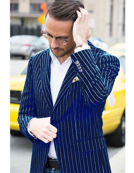 Men's Navy And Bold White Pinstripe Designer Fashion Blazer 1   - from alligatorwarehouse.com