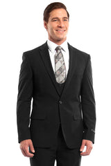 Men's One Button Peak Lapel Skinny Wedding Prom Suit with Lowcut Vest in Black