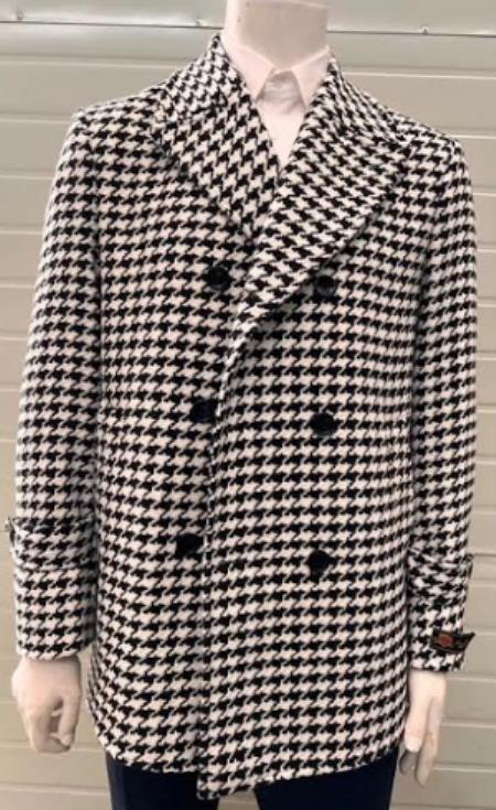 Mens Plaid Peacoat - Plaid Pattern Peak Lapel Black Coat